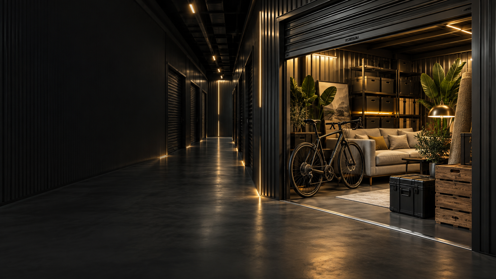 An illuminated modern storage unit with carefully stored furniture and belongings